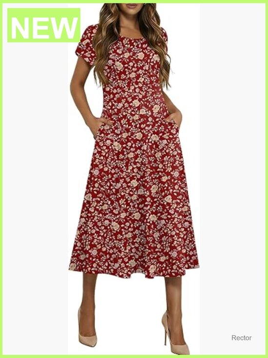 Dresses & Skirts - Casual Midi Dress Pleated Flare Sundress Short Sleeve A-Line Swing Dress